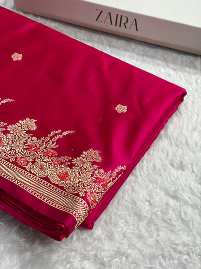Banarasi Satin Katan Saree Booti Minakari Pattern in Rani Shades SK136