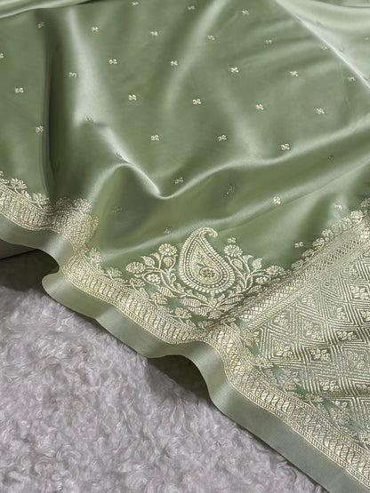 Light Pista Shades Banarasi Boota Pattern Floral Mashru Silk Saree MSM-119