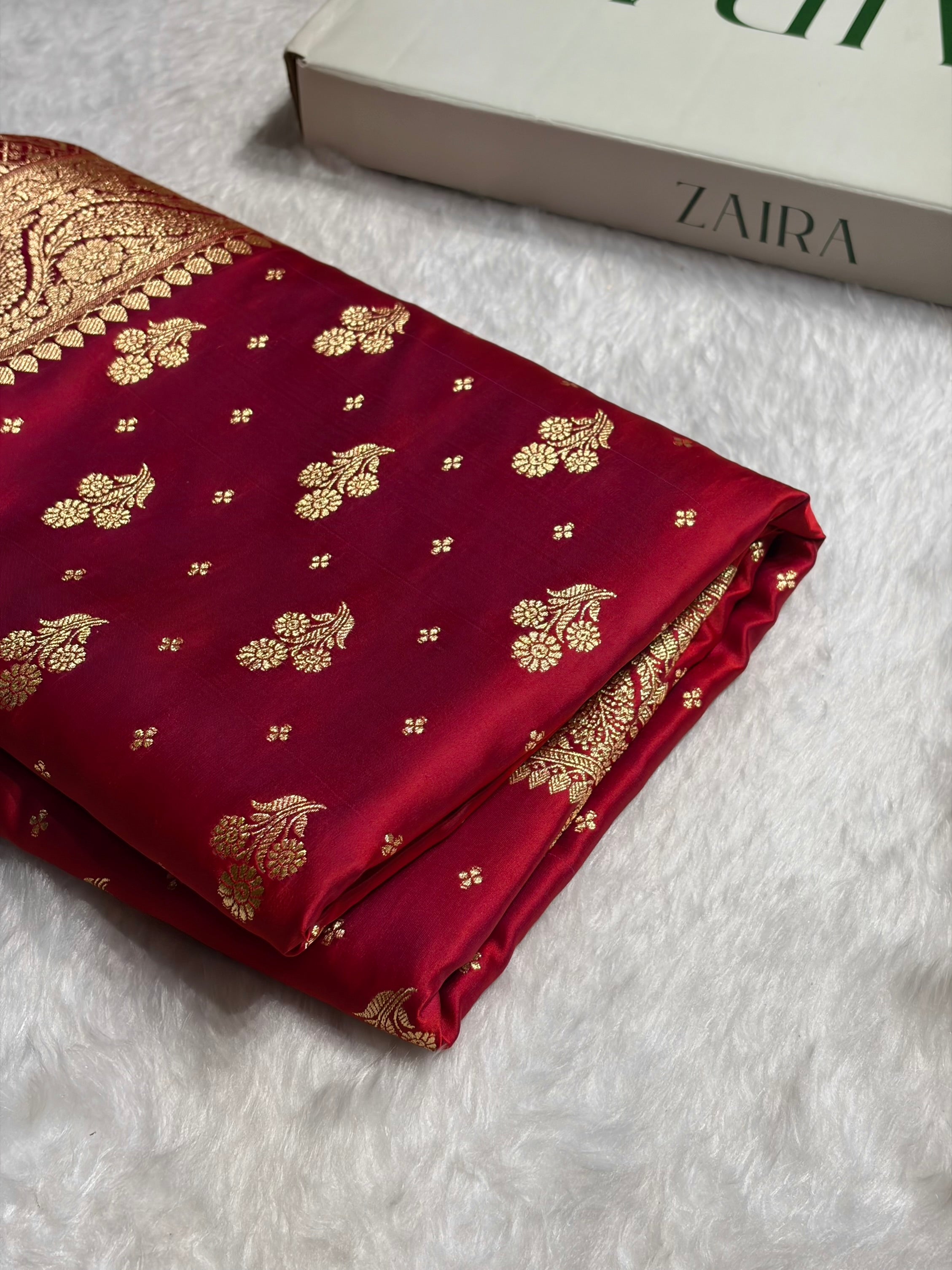 Magentic Red Floral Unique Boota Pattern Satin Katan Silk Saree SK73