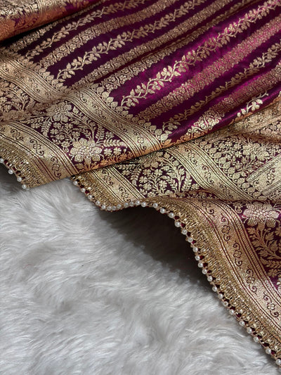 Satin Silk Strip pattern in Wine Shades With Gota Patti SSGP46