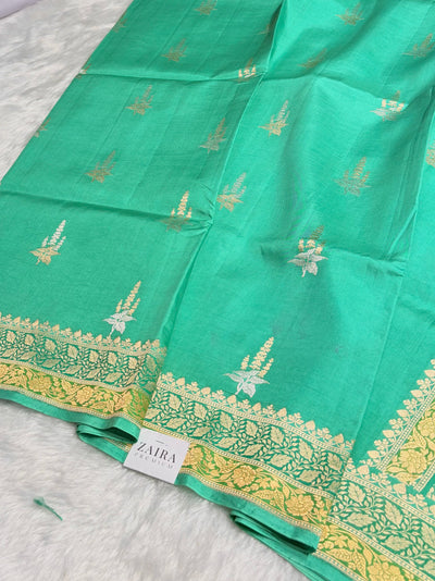 Sea Green Contrast Shades Meena Boota Handwoven Pure Katan Paper Silk RM-36