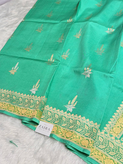 Sea Green Shades Meena Boota Handwoven Pure Katan Raw Mango Silk RM-36