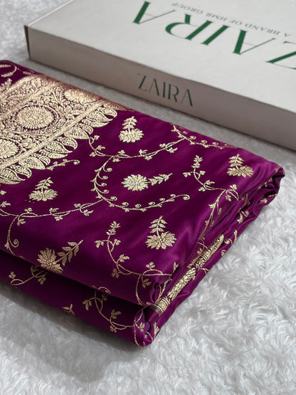Wine Shades Jaal Floral Pattern Satin Katan Silk Saree SK81