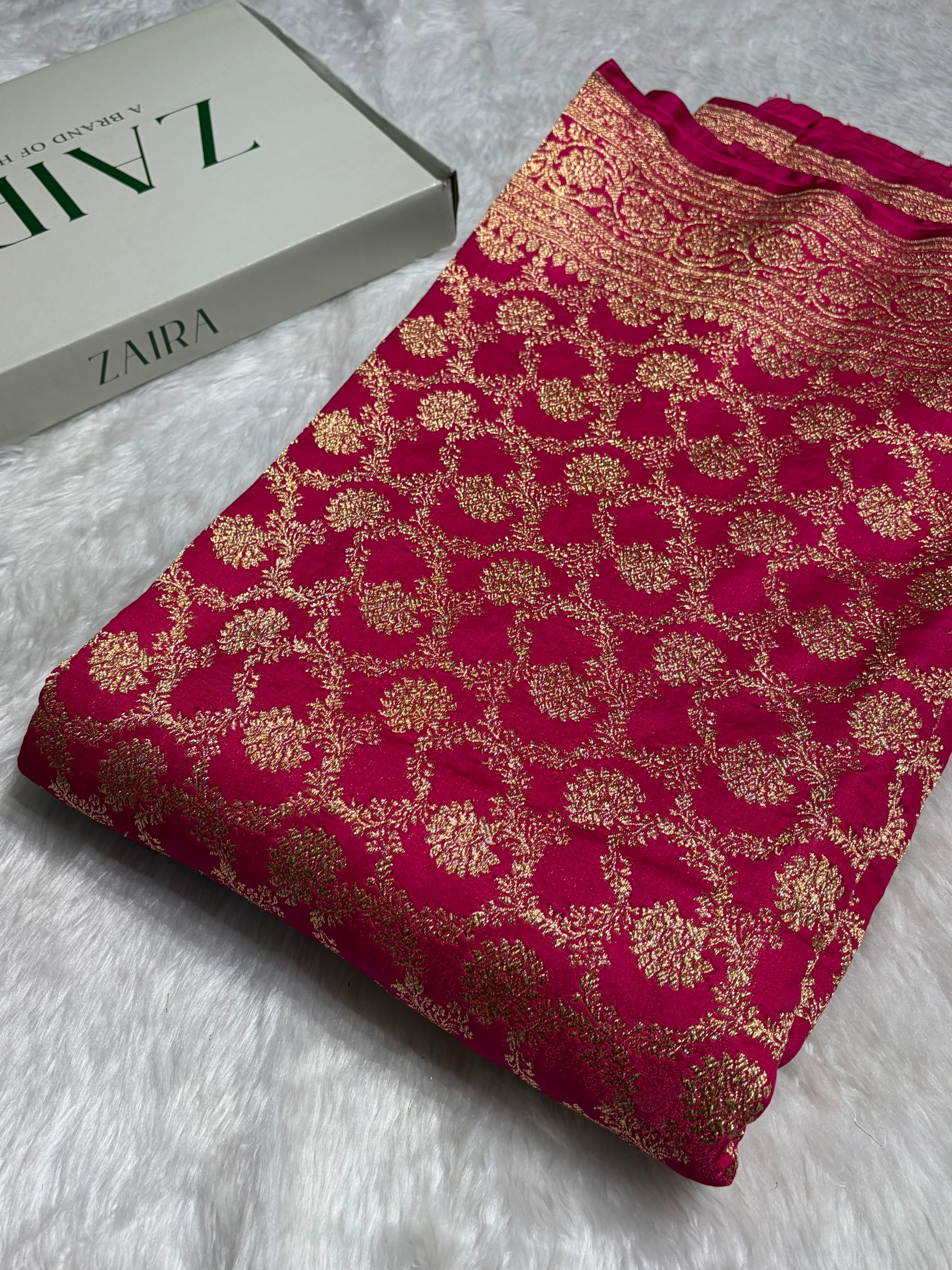 Satin Silk Jaal Pattern in Cross Rani Shades