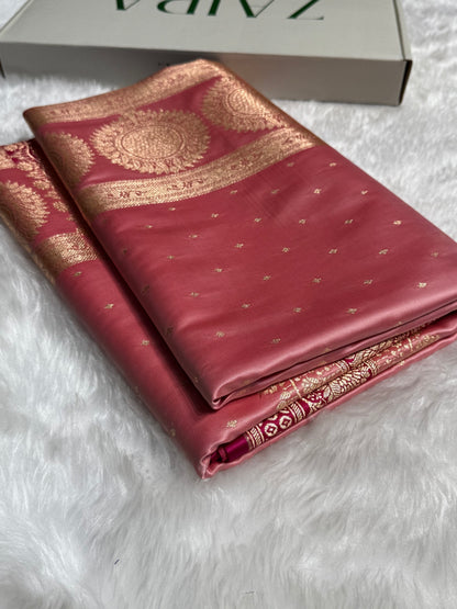 Baby Pink with Wine shades Booti Satin Katan Silk saree SK36