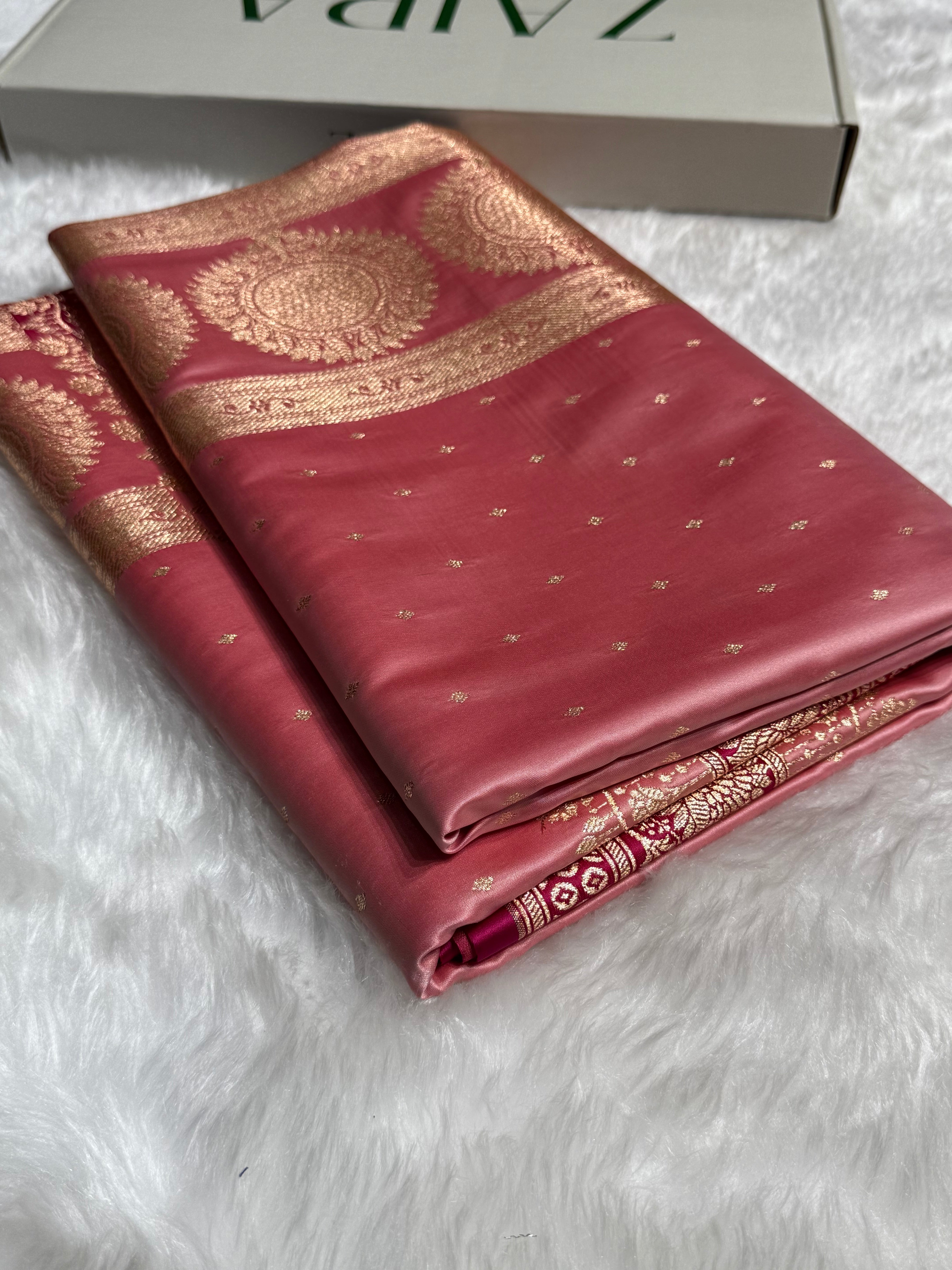 Baby Pink with Wine shades Booti Satin Katan Silk saree SK36
