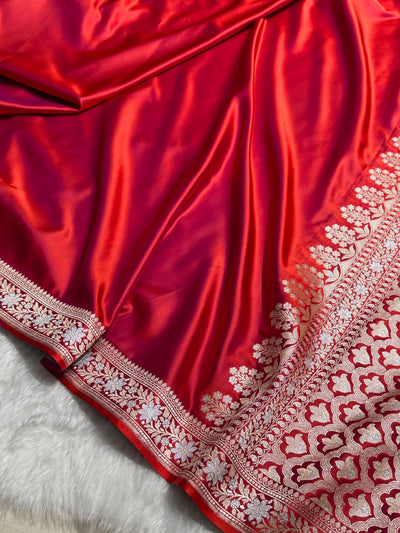 Cross Red Shades Plain Banarasi With Minakari Floral Border Mashru Silk Saree MSM-123