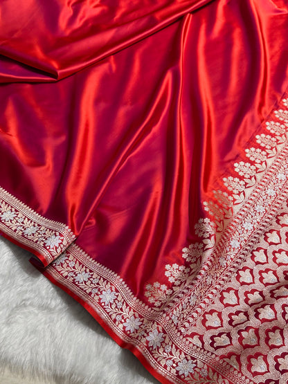 Cross Red Shades Plain Banarasi With Minakari Floral Border Mashru Silk Saree MSM-123