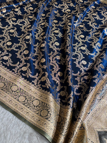 Royal Blue Contrast Shades Jaal Pattern Banarasi Satin Silk Saree SS47
