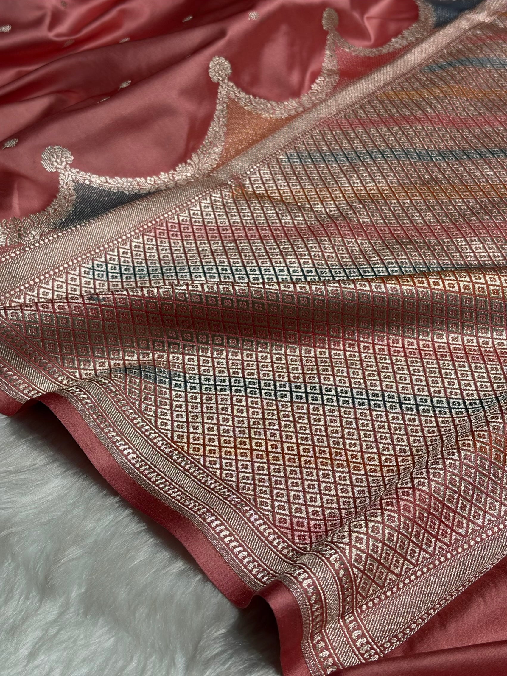 Dusty Peach Shades Scallop Mashru Silk Saree MS60