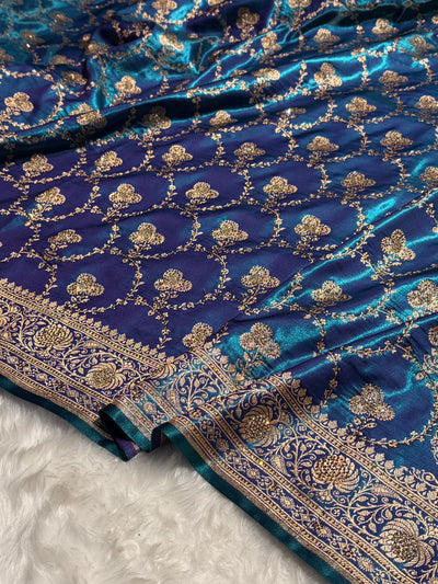 Satin Silk Saree Banarasi Swarovski Work Jaal in Peacock Blue Shades BSS23