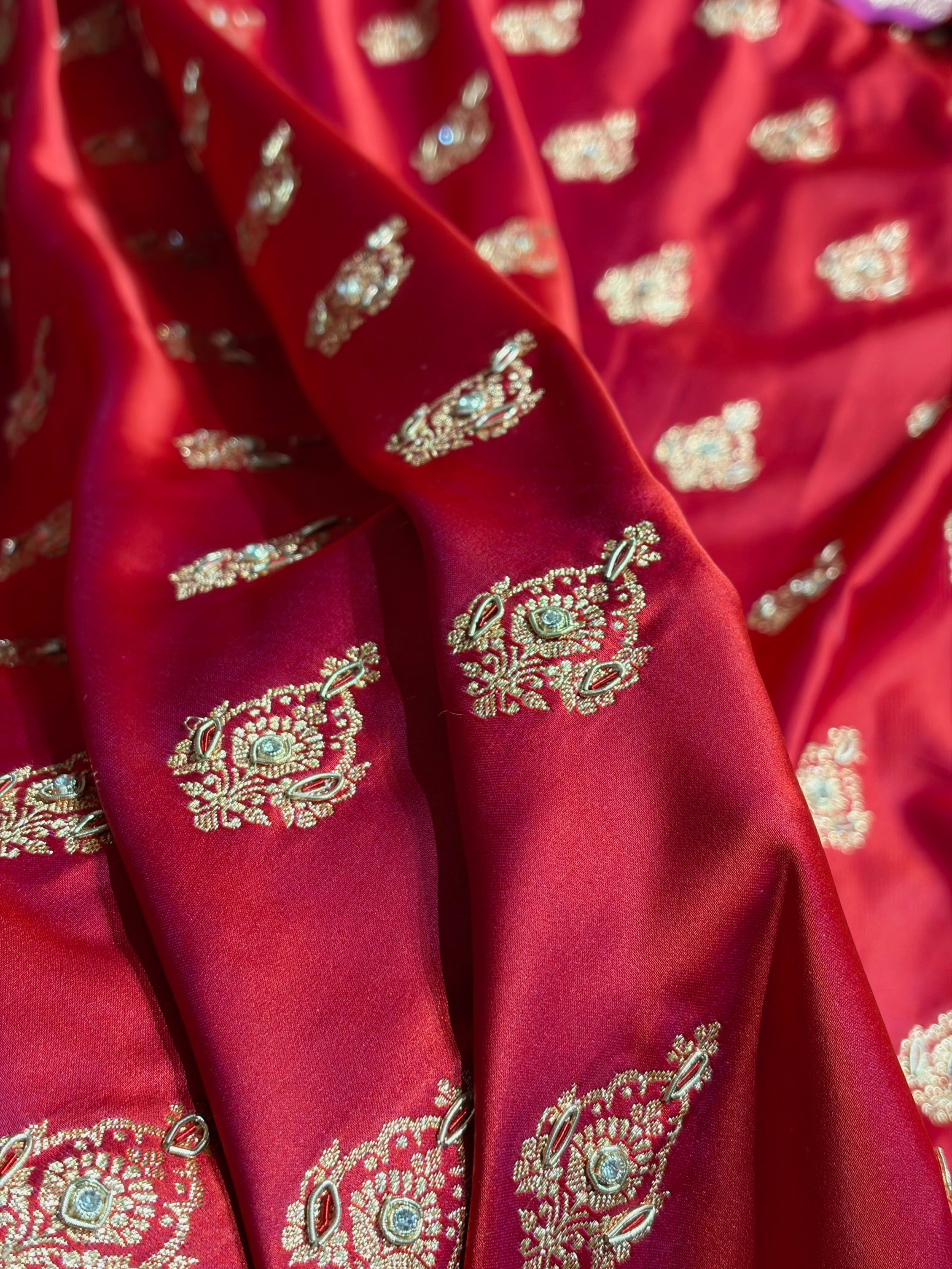 Banarasi Satin Katan Saree With Aari Zardozi Work Boota in Cross Red Shades BSK98