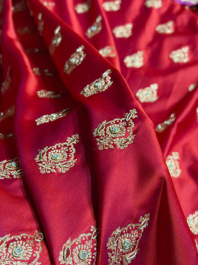 Banarasi Satin Katan Saree With Aari Zardozi Work Boota in Cross Red Shades BSK98