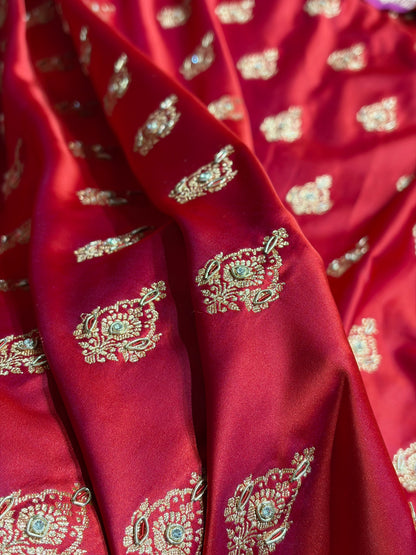 Banarasi Satin Katan Saree With Aari Zardozi Work Boota in Cross Red Shades BSK98