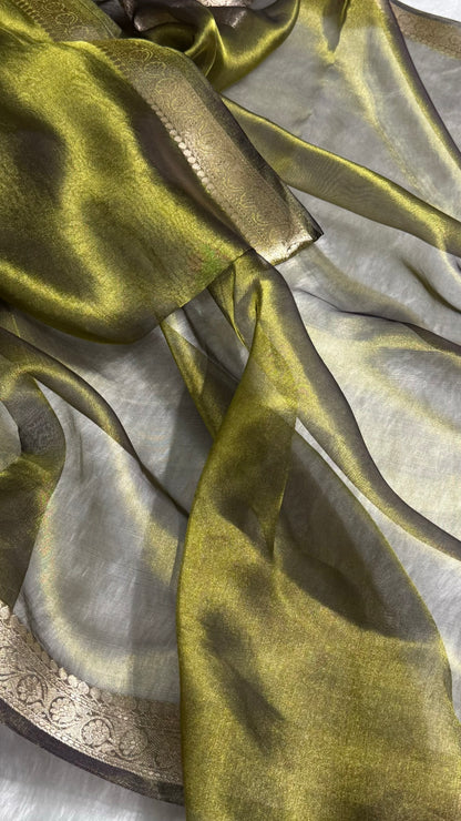 Dark Mehendi Shades Pure Tissue Silk Saree with Brocade Blouse PT-09