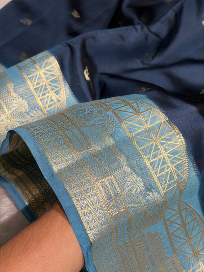 Banarasi Navy Blue With Firozi Contrast Shade Flower Boota Pure Caramel Mango Silk Saree CS-18