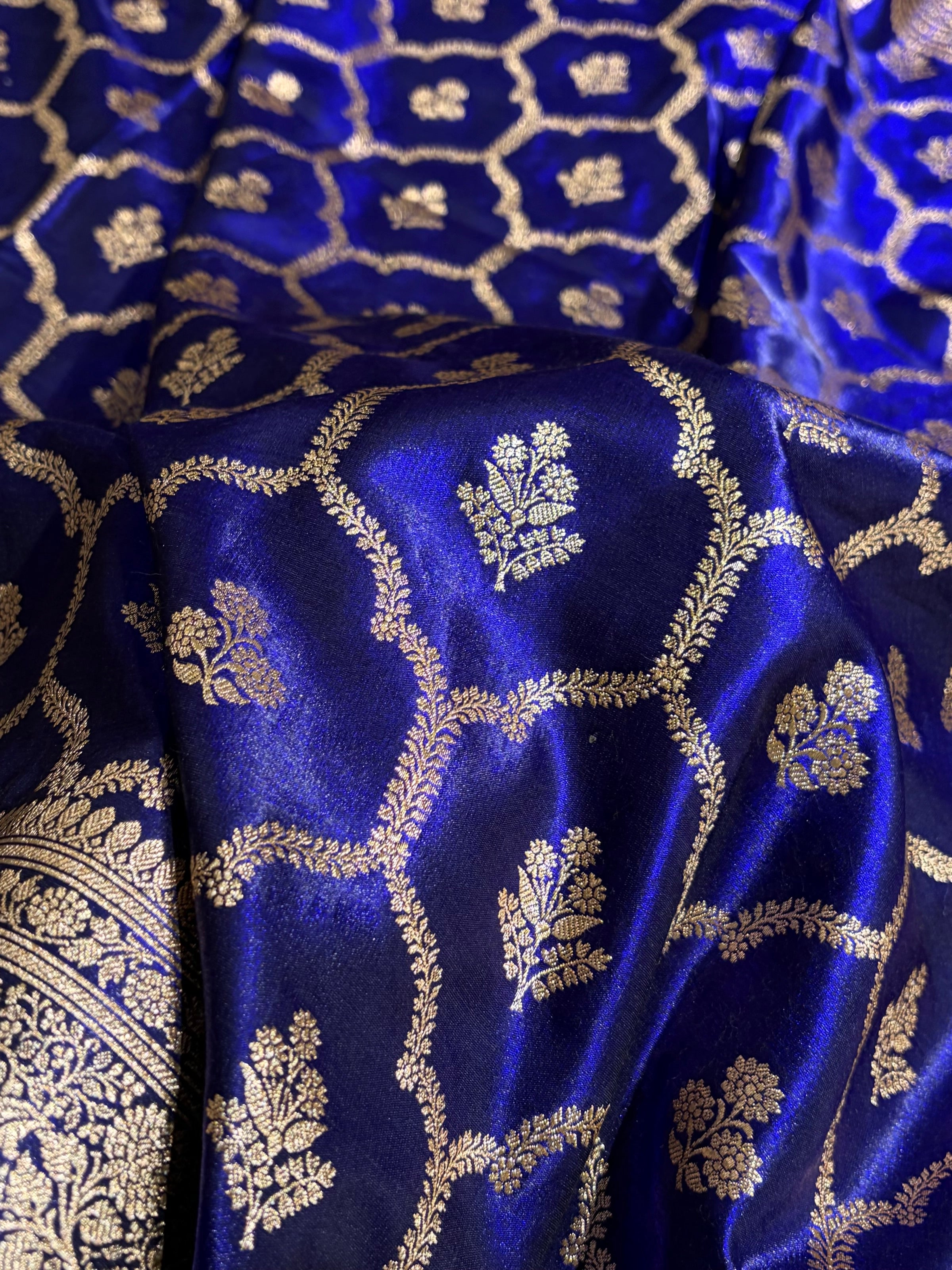 Royal Blue Shades Jaal Pattern Banarasi Satin Silk Saree SS57
