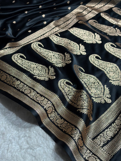 Banarasi Satin Katan Saree With Booti Pattern in Black Shades SK125
