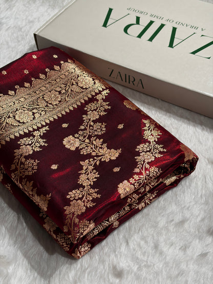 Satin Silk Saree Banarasi Cross with booti In Maroon Shades SS22