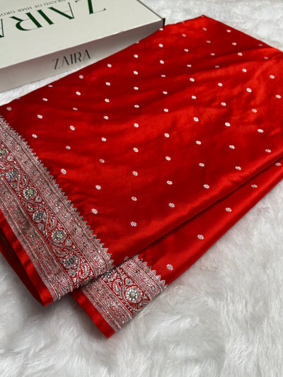Bridal Rusty Orange Booti Mashru Silk Saree with Ari and Stone Work