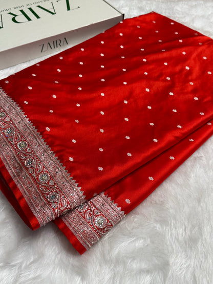 Bridal Rusty Orange Booti Mashru Silk Saree with Ari and Stone Work