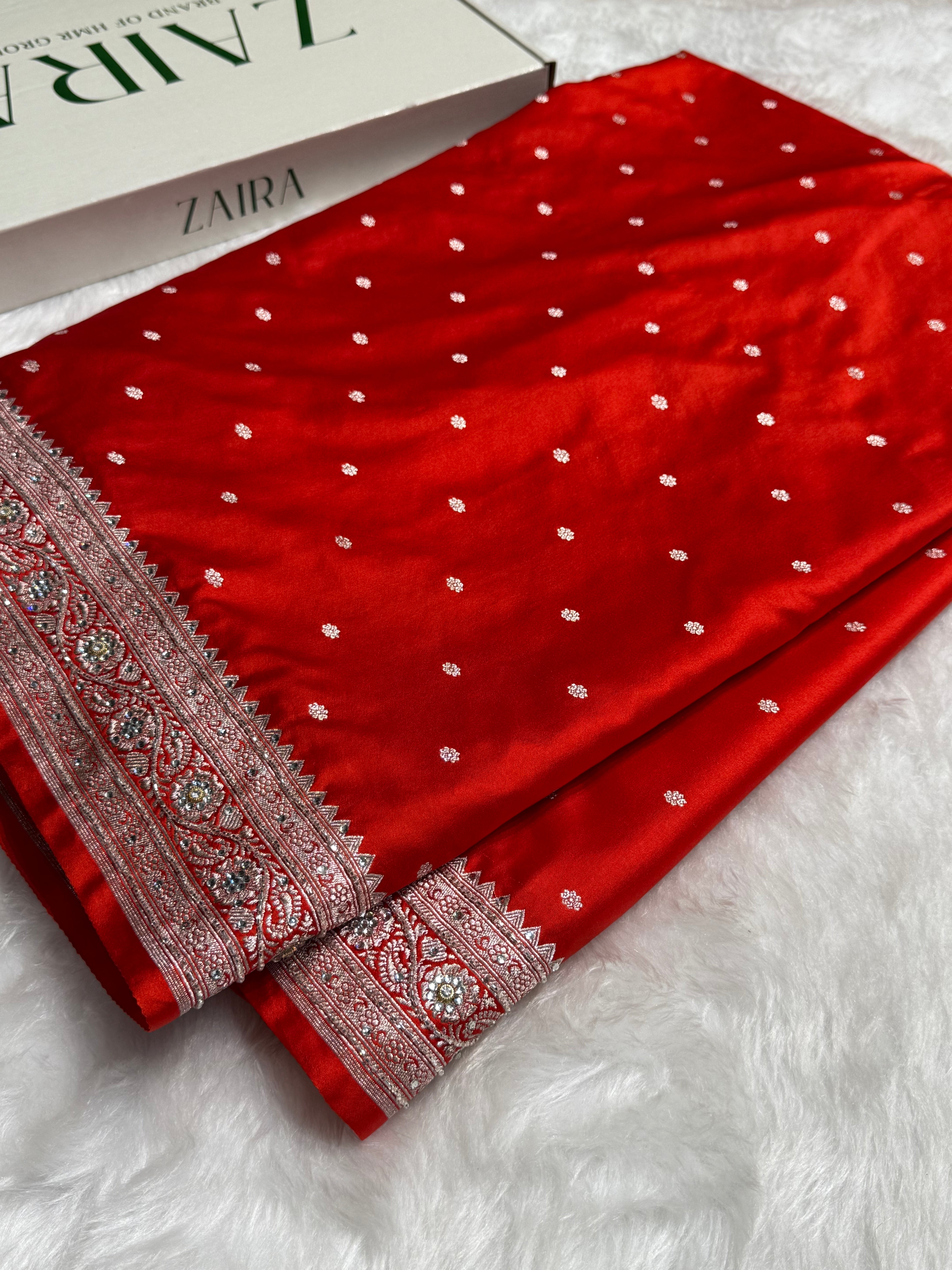 Bridal Rusty Orange Booti Mashru Silk Saree with Ari and Stone Work