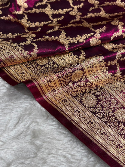 Wine Shades Cross Pattern Banarasi Satin Silk Saree SS40