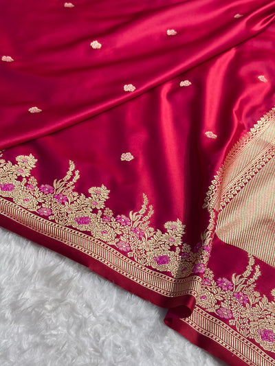 Banarasi Satin Katan Saree Booti Minakari Pattern in Cross Red Shades SK136