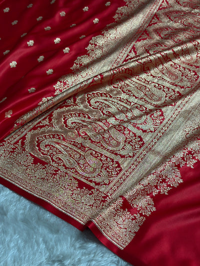 Banarasi Satin Katan Saree Floral Booti Pattern in Red Shades SK148