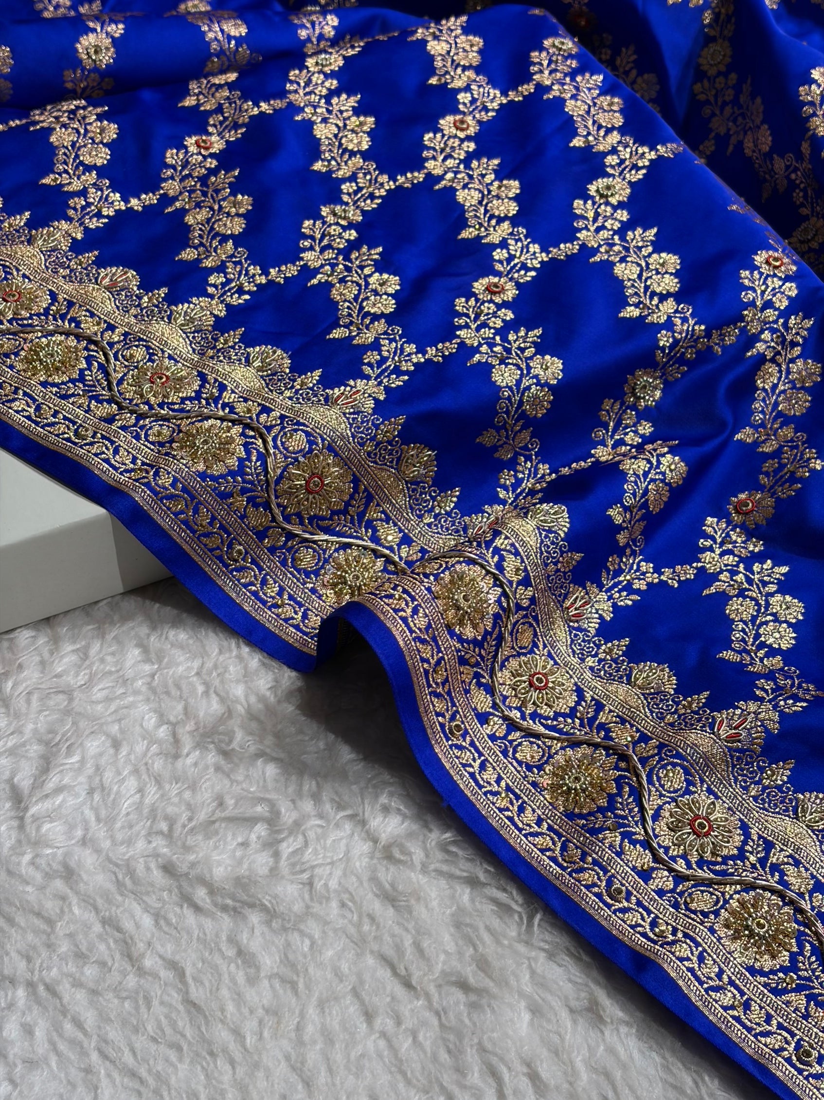 Royal Blue Floral Jaal Pattern Satin Katan Silk Saree BSK43
