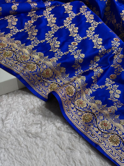 Royal Blue Floral Jaal Pattern Satin Katan Silk Saree BSK43