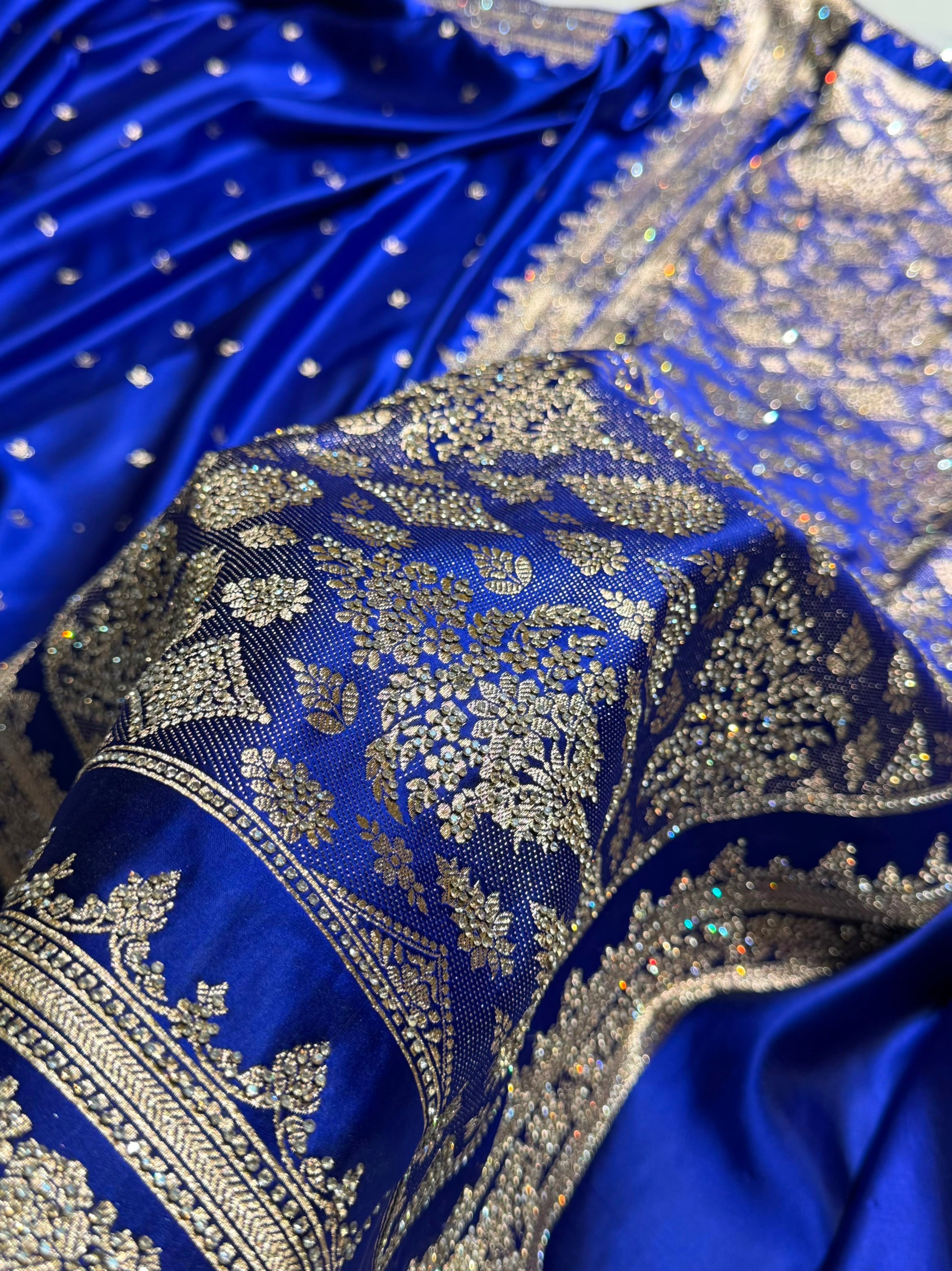 Cross Royal Blue Banarasi Swarovski Work Booti Katan Silk Saree BSKM17