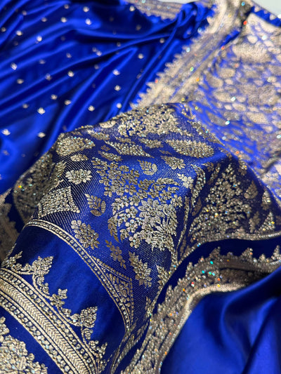 Cross Royal Blue Banarasi Swarovski Work Booti Katan Silk Saree BSKM17