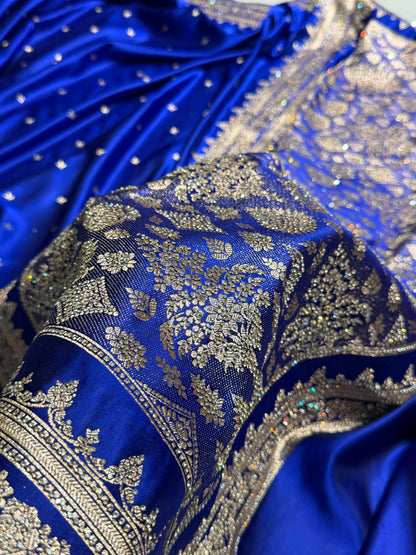 Cross Royal Blue Banarasi Swarovski Work Booti Katan Silk Saree BSKM17