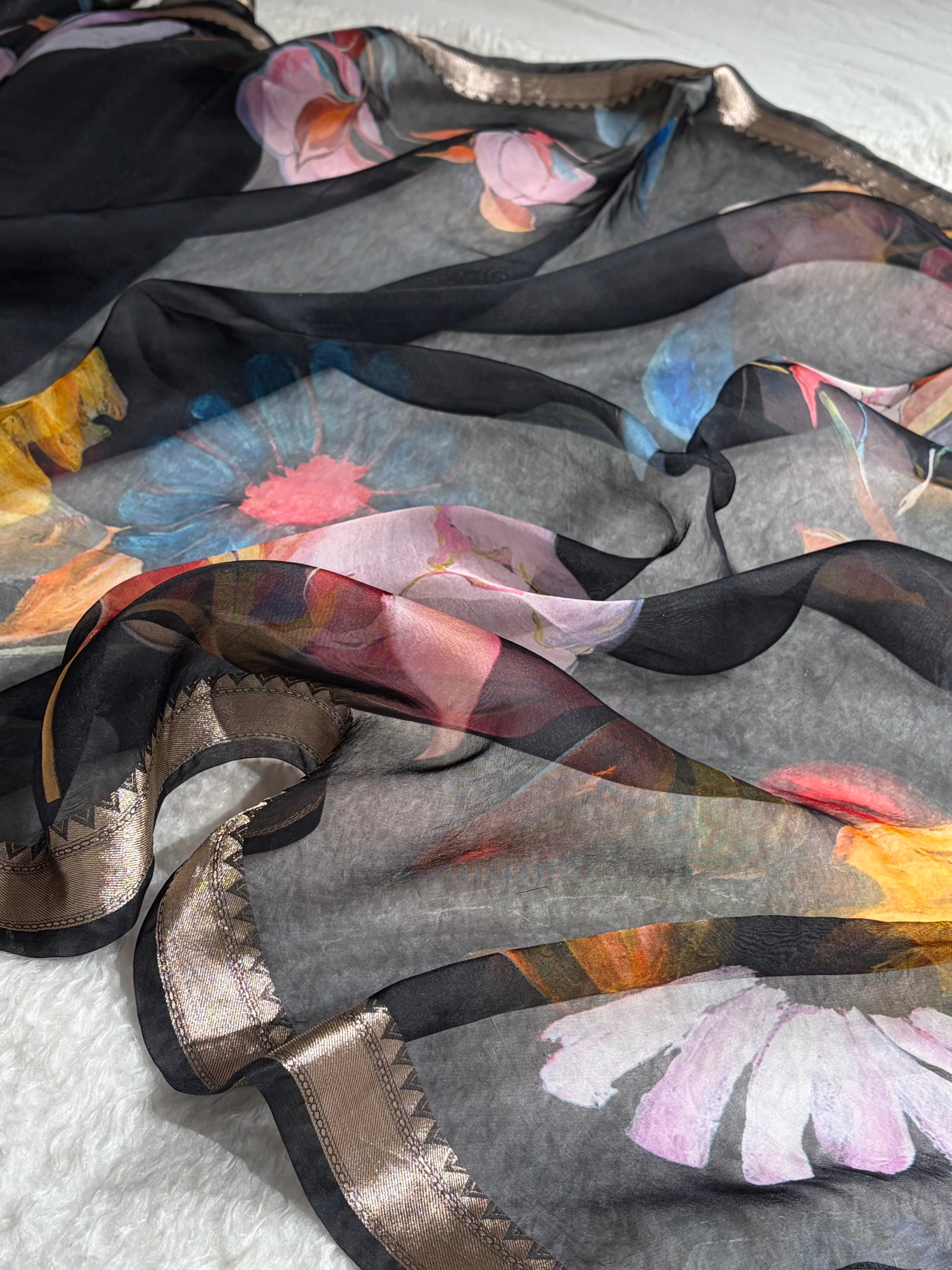 Organza with Pastel Multicolor Florals & Gold Zari Border POP20