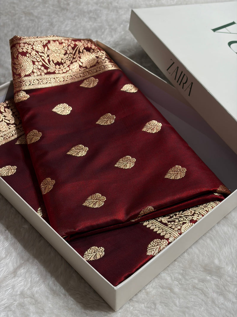 Maroon Shades Booti Pattern Banarasi Satin Silk Saree SS58