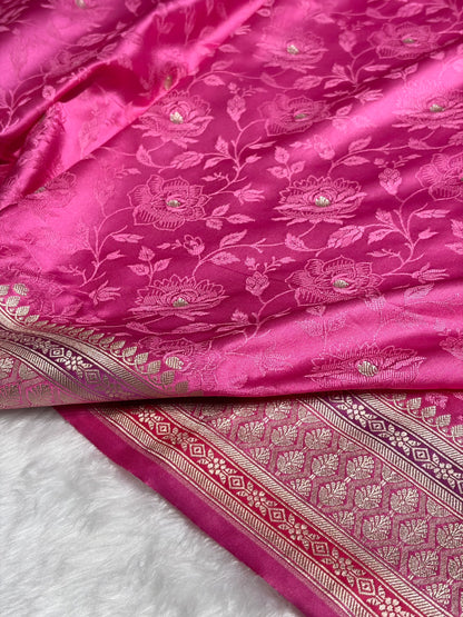 Baby Pink Shades Minakari Tanchoi Floral Booti Mashru Silk Saree MS59
