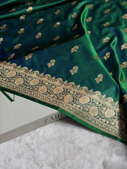 Cross Green Shades Floral Booti Motif Satin Katan Silk saree SK61