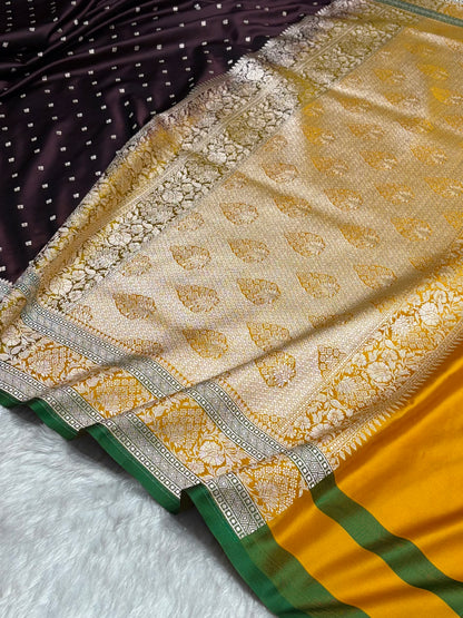 Contrast Dark Wine With Mustard Floral Border Mashru Silk Saree MSM-99