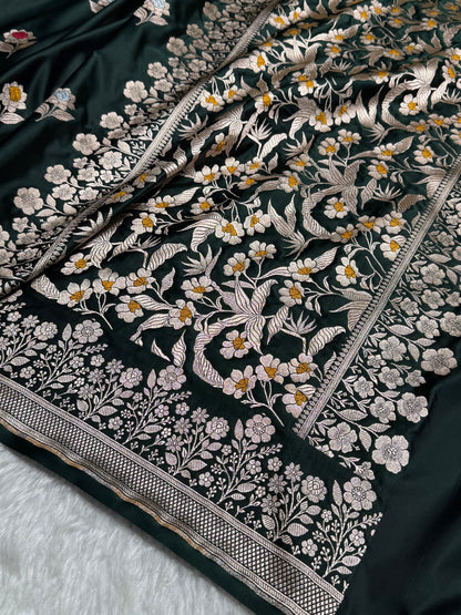 Premium Banarasi Satin Katan Saree With Minakari Boota in Dark Bottle Green Shades SK94