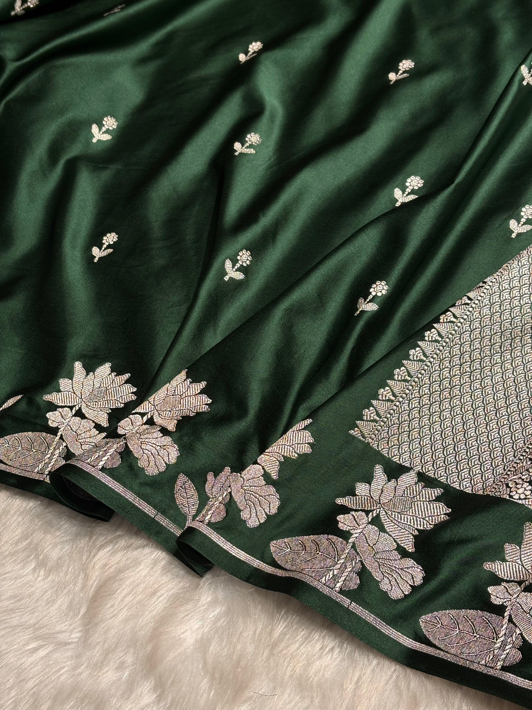 Dark Bottle Green Booti Motif Mashru Silk Saree