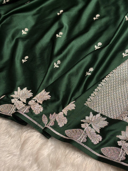 Dark Bottle Green Booti Motif Mashru Silk Saree