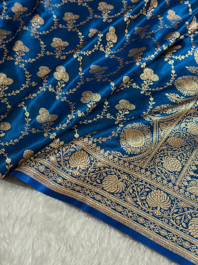 Banarasi Satin Silk Saree Jaal in German Blue Shades SS23