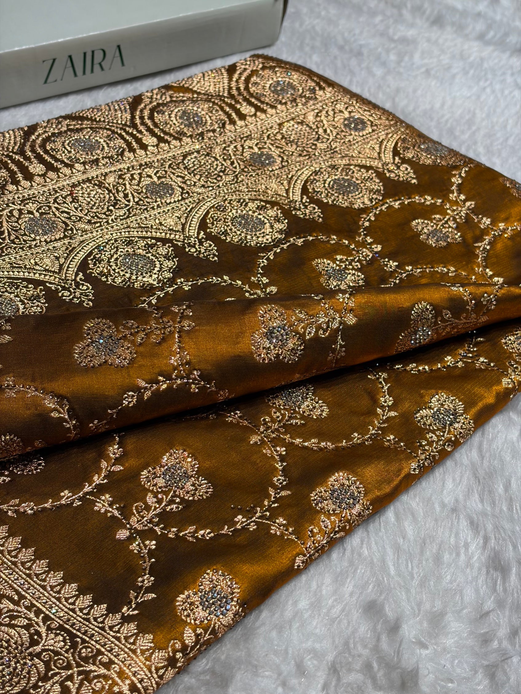 Satin Silk Saree Banarasi Swarovski Work Jaal in Mehendi Shades BSS23 (R)