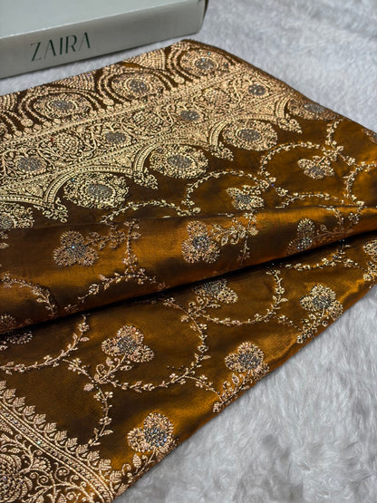 Satin Silk Saree Banarasi Swarovski Work Jaal in Mehendi Shades BSS23 (R)