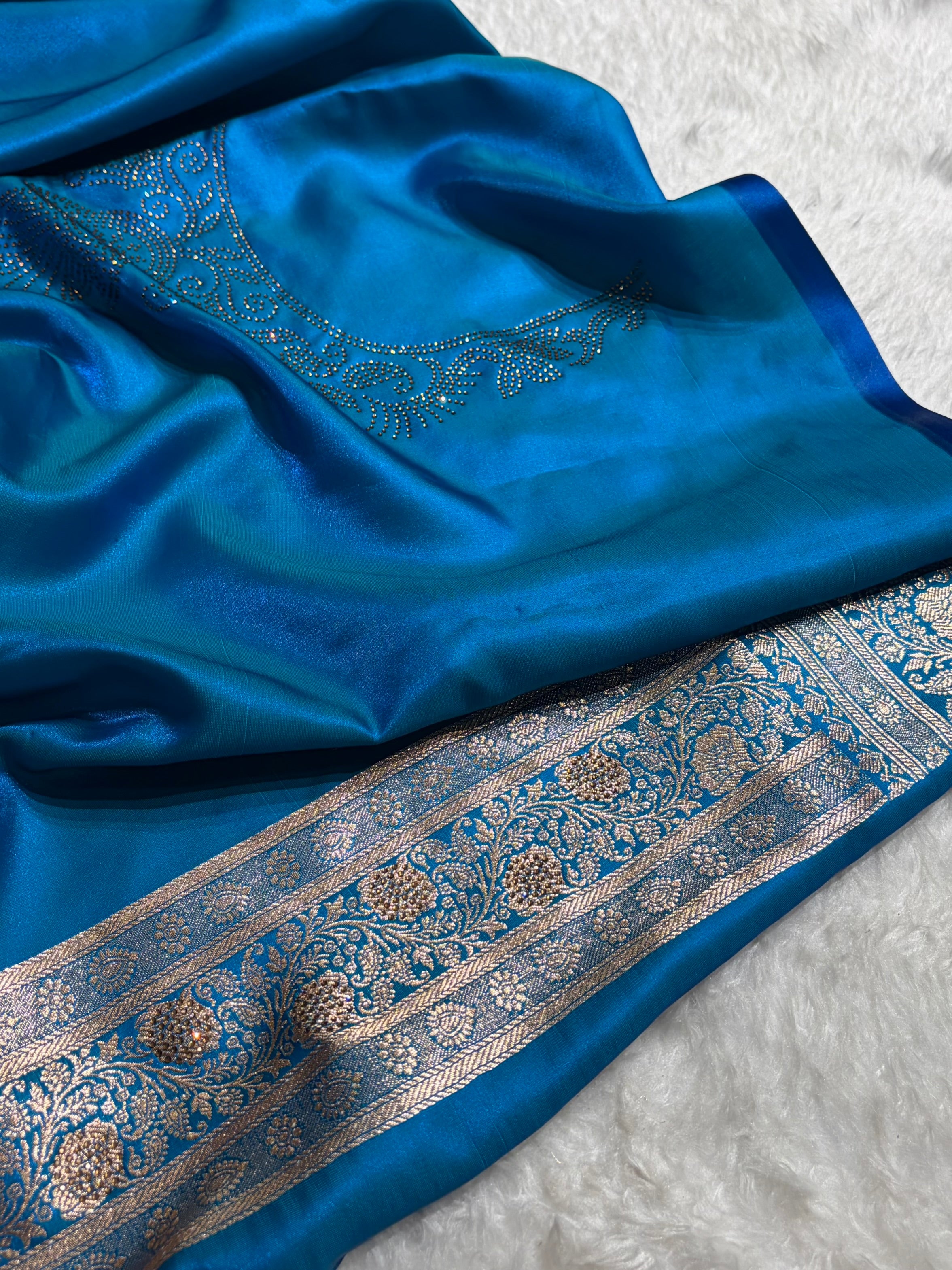 Satin Silk Saree Tredition Banarasi Swarovski Work Floral Boota in Firozi Shades BSS27