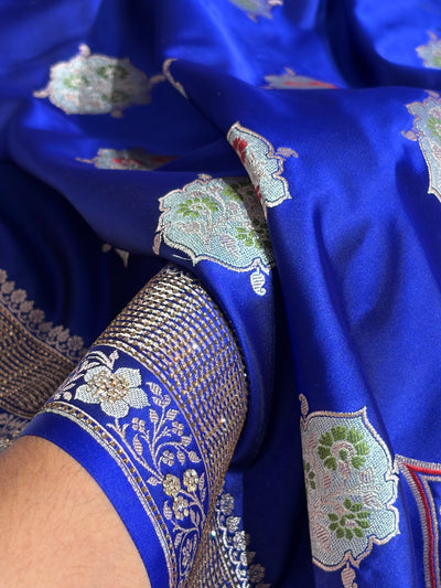 Premium Banarasi Satin Katan Saree Swarovski Work Minakari Booti Pattern in Royal Blue Shades BSK04