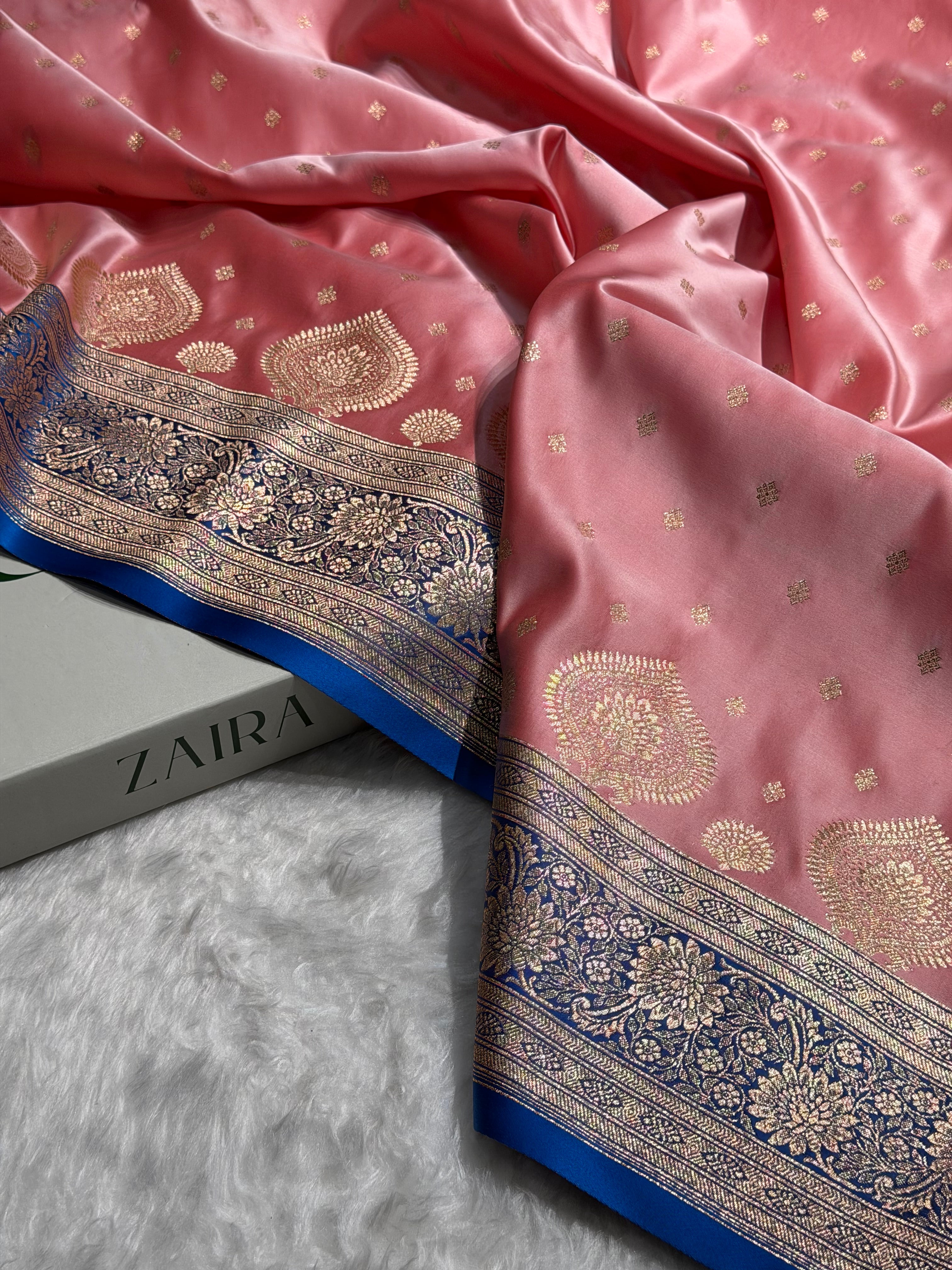Baby Pink with Blue Booti Satin Katan Silk saree SK29