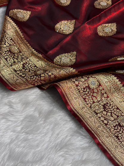 Maroon Shades Banarsi Satin Silk Boota with Stone Work BSS05