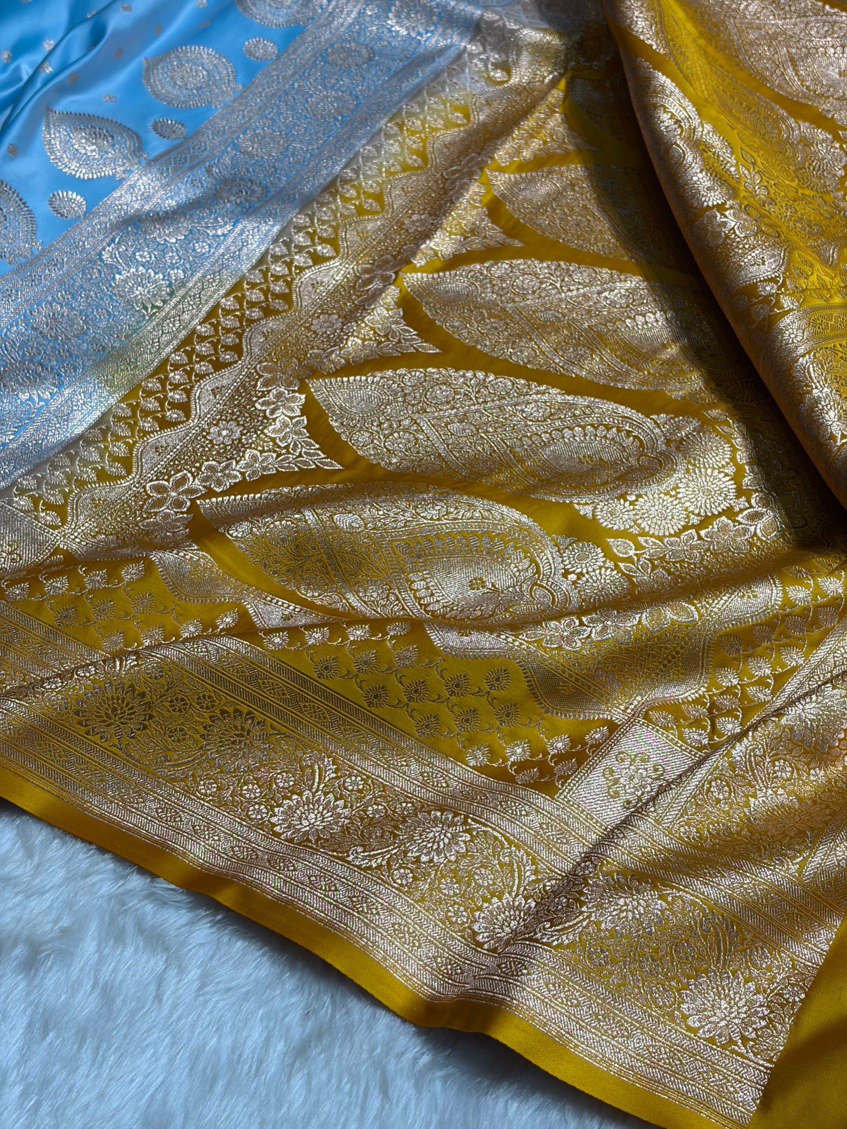 Sky blue with Mustard Booti Satin Katan Silk saree SK29